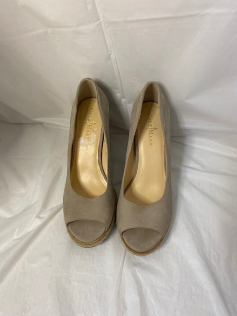 Cole Haan Suede Peep-Toe Wedge espadrille shoes in Beige, Women's size 7B